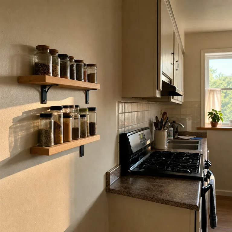 A narrow two-tier spice rack mounted on a kitchen wall beside the cooking area.