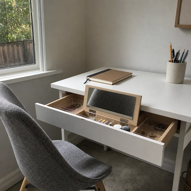An open shallow desk drawer with a hinged mirror and divided grooming compartments.