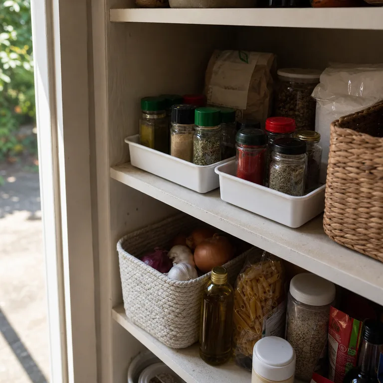 Two small trays separating baking spices from savory spices on a pantry shelf.