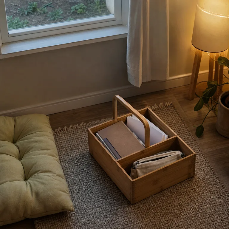 A divided bamboo caddy holds a small portable set of story-time books and quiet activities.