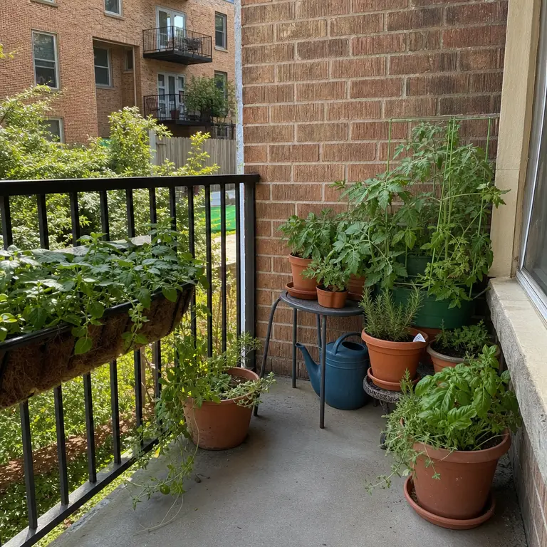 Container plants and a small stool create a balcony plant tending station.