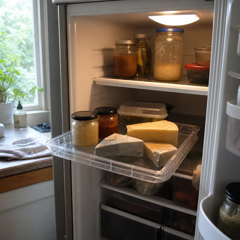 A reused clear tray holding small jars and cheese portions on a refrigerator shelf.