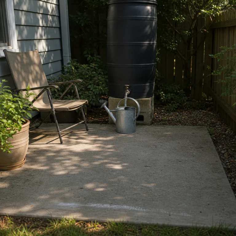 Rain barrel spigot with clear access and a watering can placed below it on a small patio.