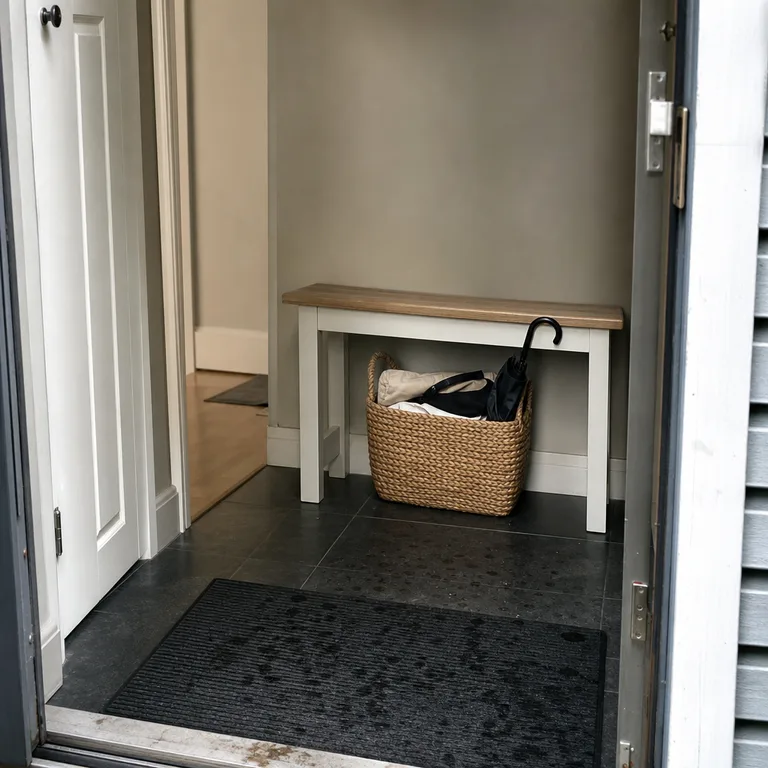 A seagrass basket beneath an entry bench stores reusable bags and a closed umbrella.
