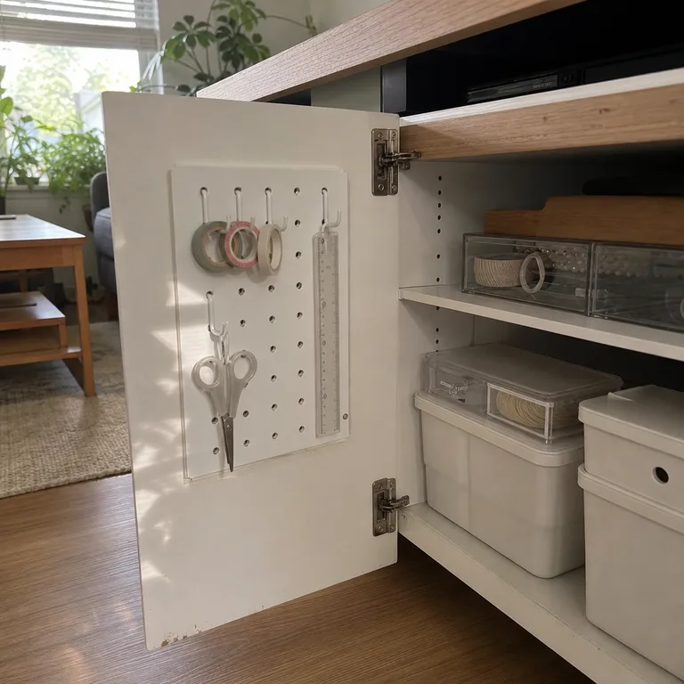 Pegboard with lightweight craft tools mounted inside an open living-room cabinet door.