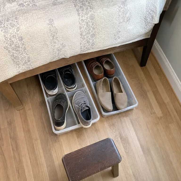 Divided under-bed trays holding pairs of less-used shoes.