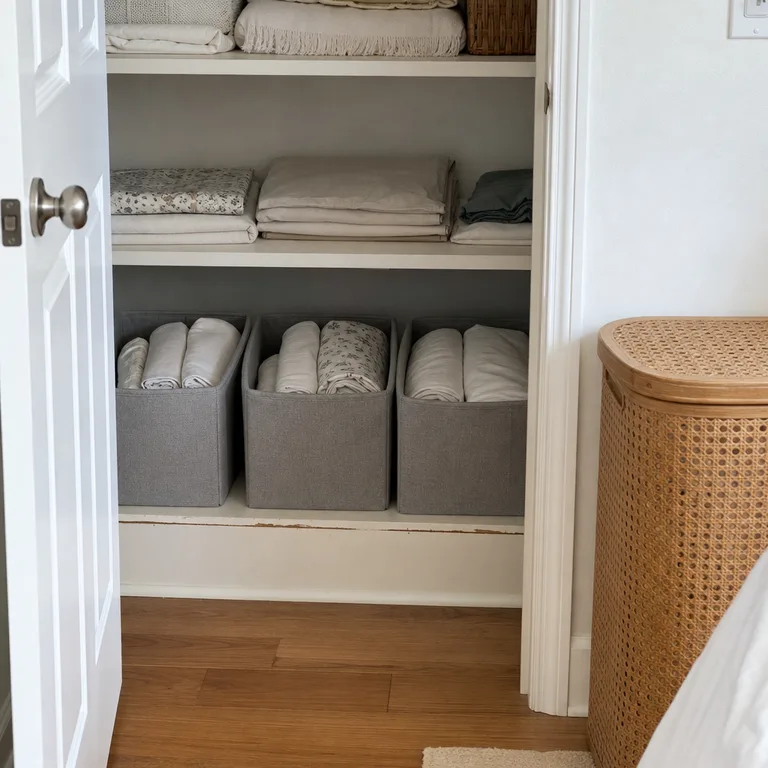 Open fabric bins hold separate spare sheet sets in a bedroom linen closet.