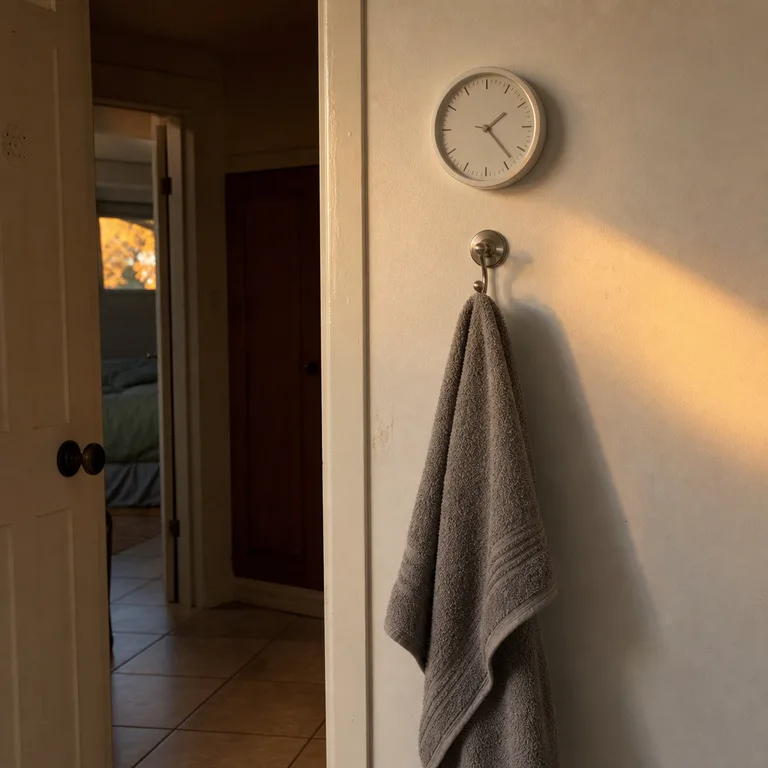 Small white bathroom clock mounted above a brushed nickel towel hook near the door.