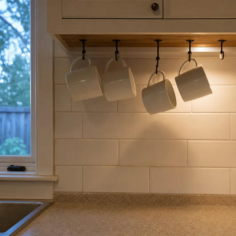 A few light ceramic mugs hanging from hooks mounted under a kitchen cabinet shelf.