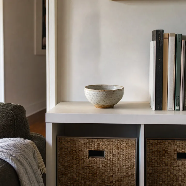 A ceramic bowl displayed with empty space beside a small group of books.