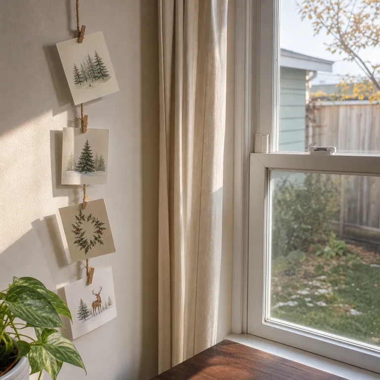 A vertical line of Christmas postcards clipped beside an apartment window rather than across the glass.