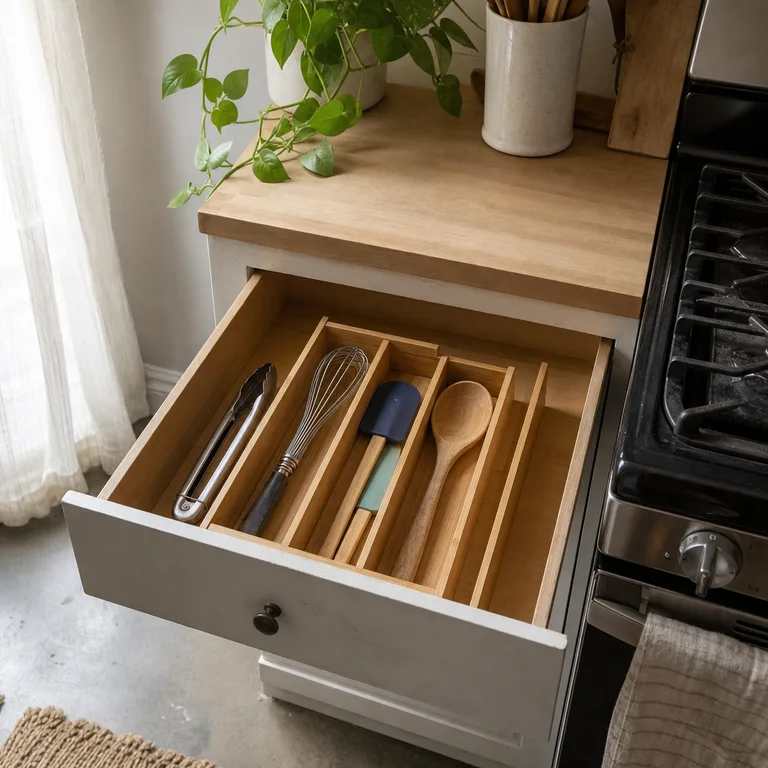 Open shallow kitchen drawer divided into channels for cooking utensils.