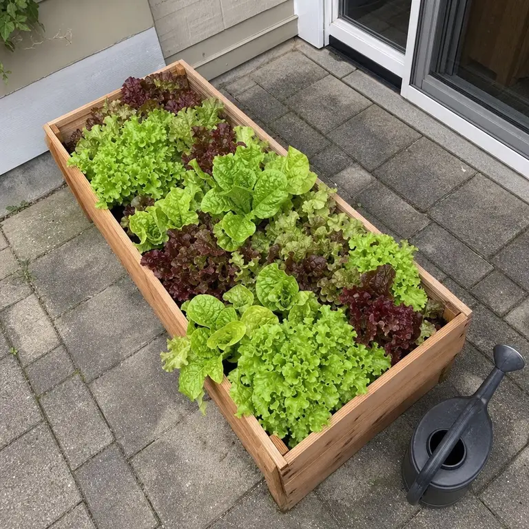 A rectangular planter trough densely planted with mixed leaf lettuce.