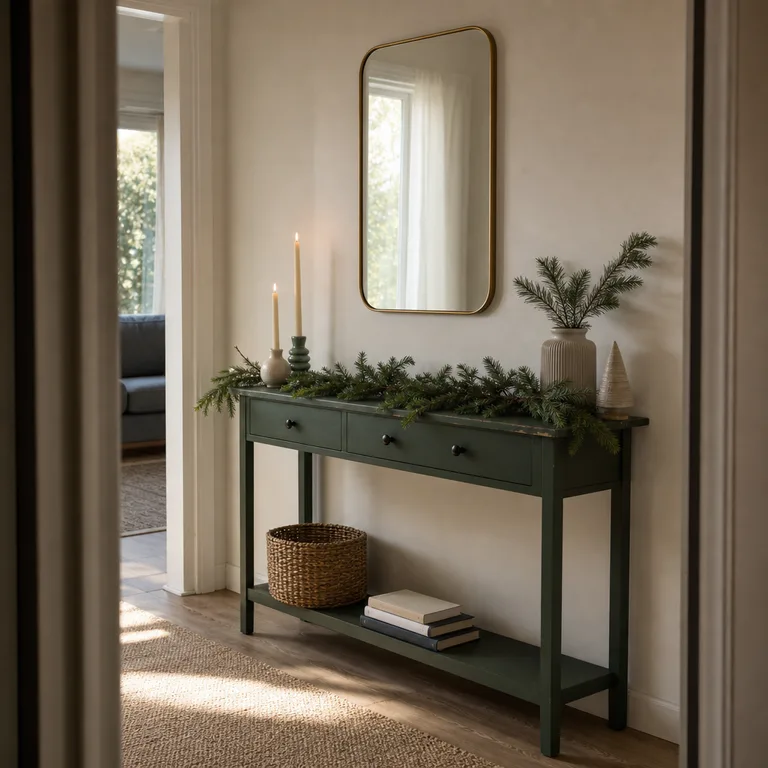 A narrow console under a wall mirror holds faux evergreen garland, flameless taper candles, and simple ceramic candlesticks.
