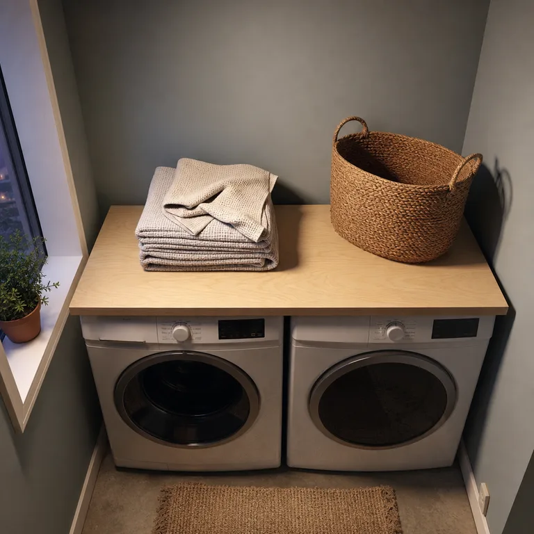 Removable wood board across two laundry machines creates a folding counter.