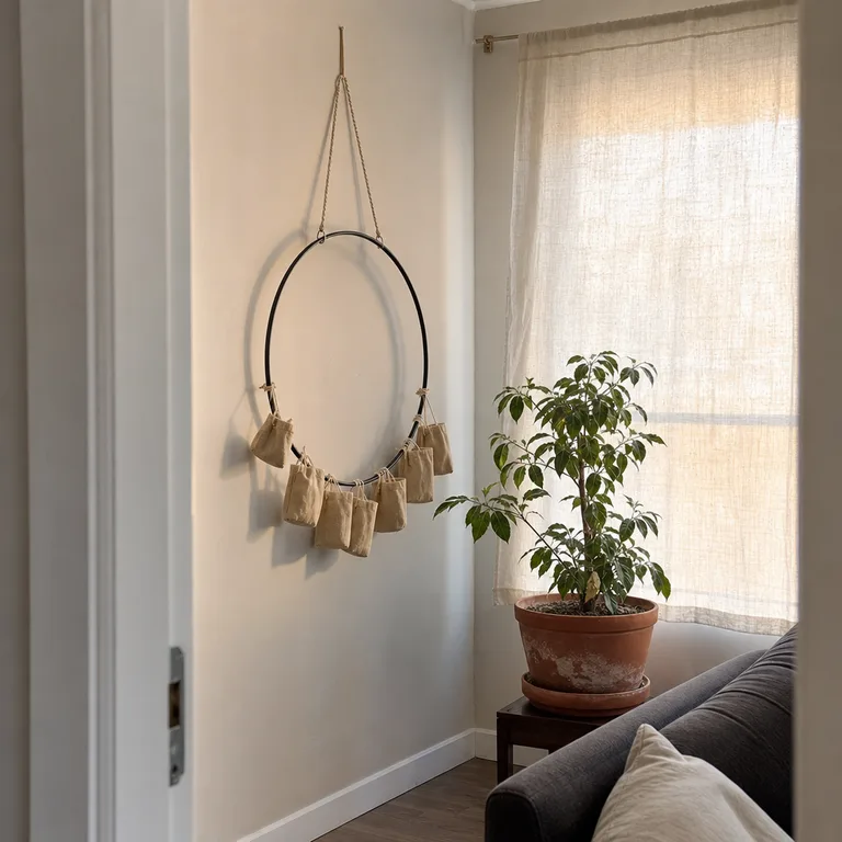Cloth pouches hang from a circular metal ring near a living-room window.