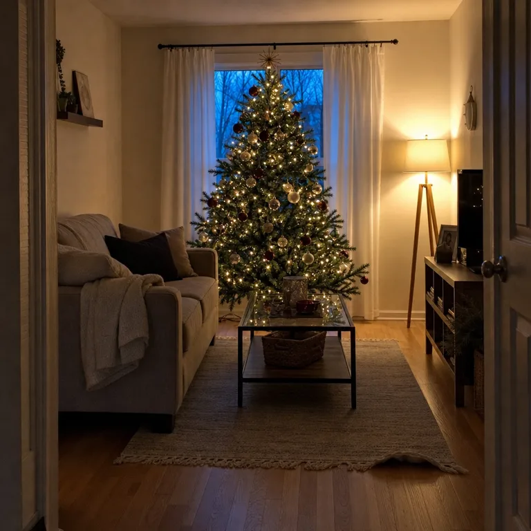Dark blue and burgundy ornaments are distributed among pale ornaments for balanced color.