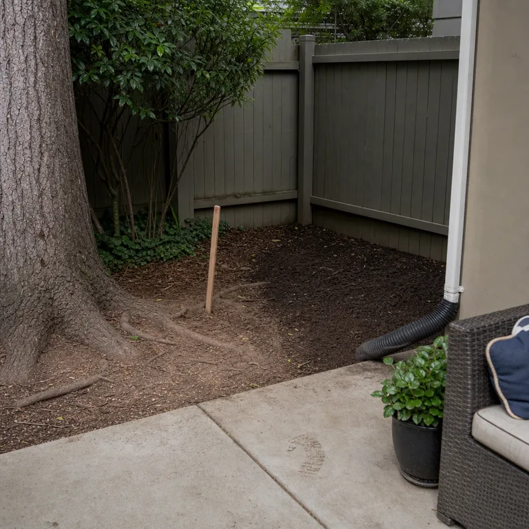 Small shaded yard corner with tree roots, mulch, and separate dry and damp planting areas.