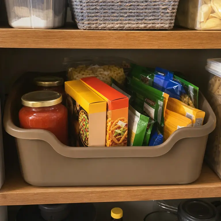 A pantry bin groups meal starters such as sauces, taco kits, and noodles.