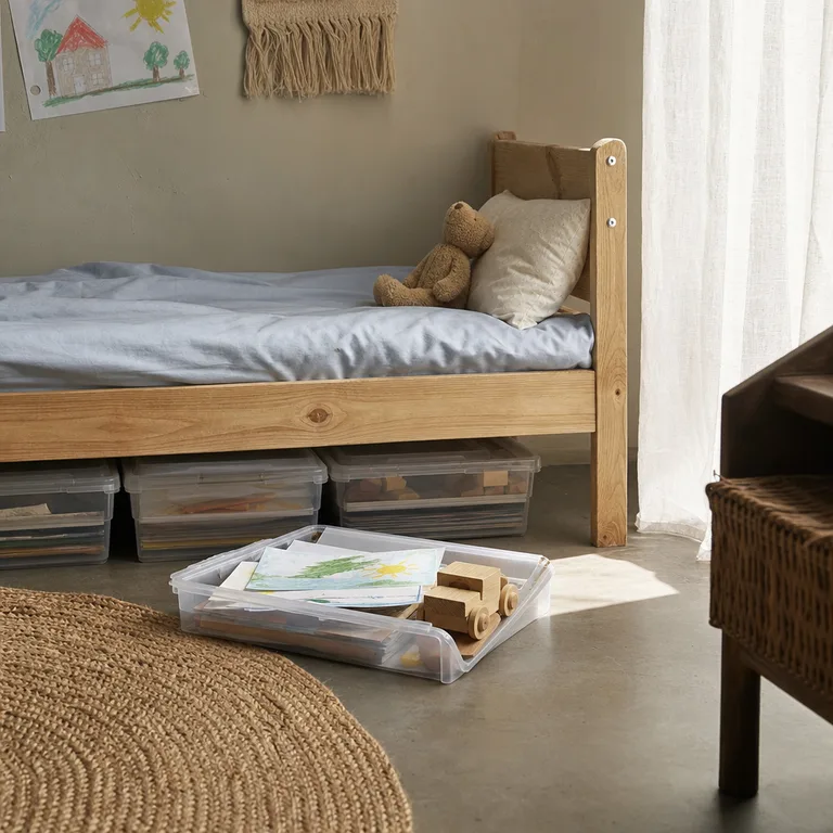 Clear shallow boxes under a bed holding children's keepsakes and artwork.