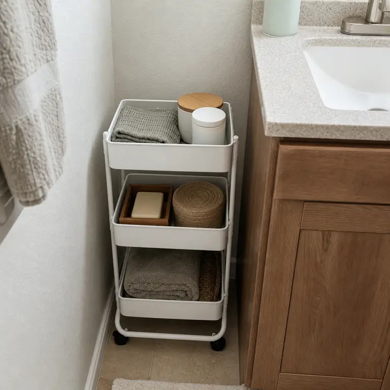 Narrow rolling cart in a bathroom gap storing washcloths and daily supplies.