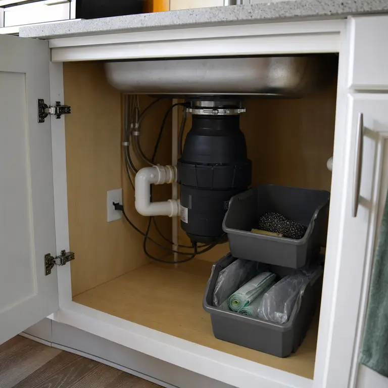 Short stackable bins use open floor space beneath a sink beside a garbage disposal.