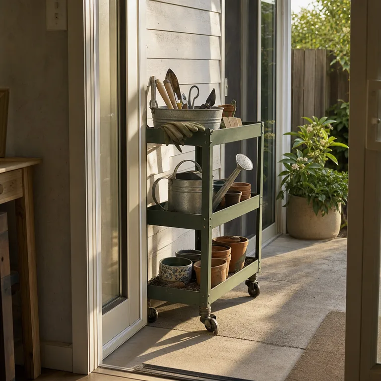 Rolling metal garden cart with tools beside a covered patio door.