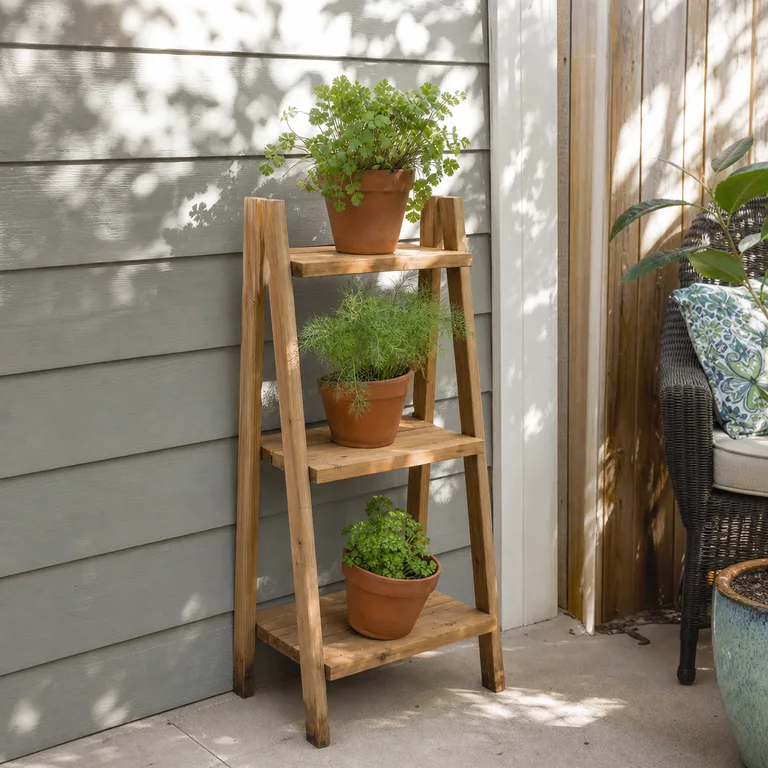 Small herb pots arranged on a narrow wooden shelf against a patio wall.