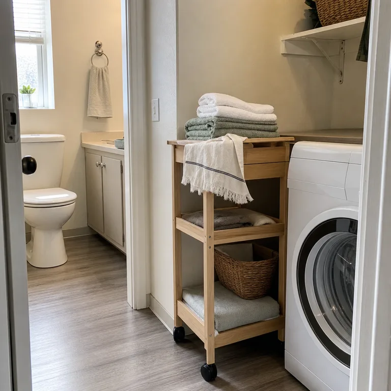 Narrow wood rolling cart beside a front-loading washer provides a folding surface in a small bathroom.