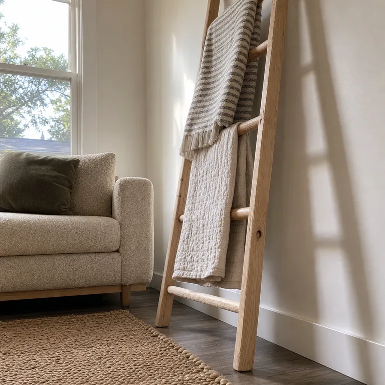 A wooden blanket ladder beside a compact sofa holds two everyday throws.