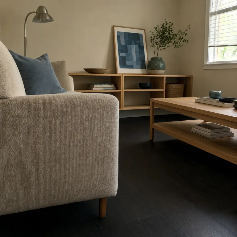 Cream sofa with muted blue pillows and art beside black vinyl plank flooring in a small rental living room.