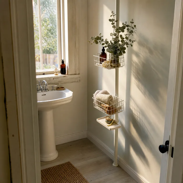 Tension pole baskets use vertical space beside a pedestal sink.