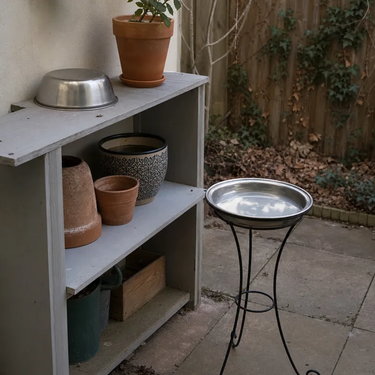 A clean spare bird-bath bowl is stored upside down on a patio shelf for winter rotation.