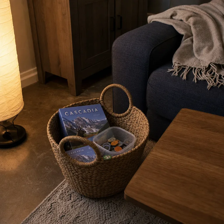 Handled basket holding an unfinished board game and its pieces beside a living room coffee table.