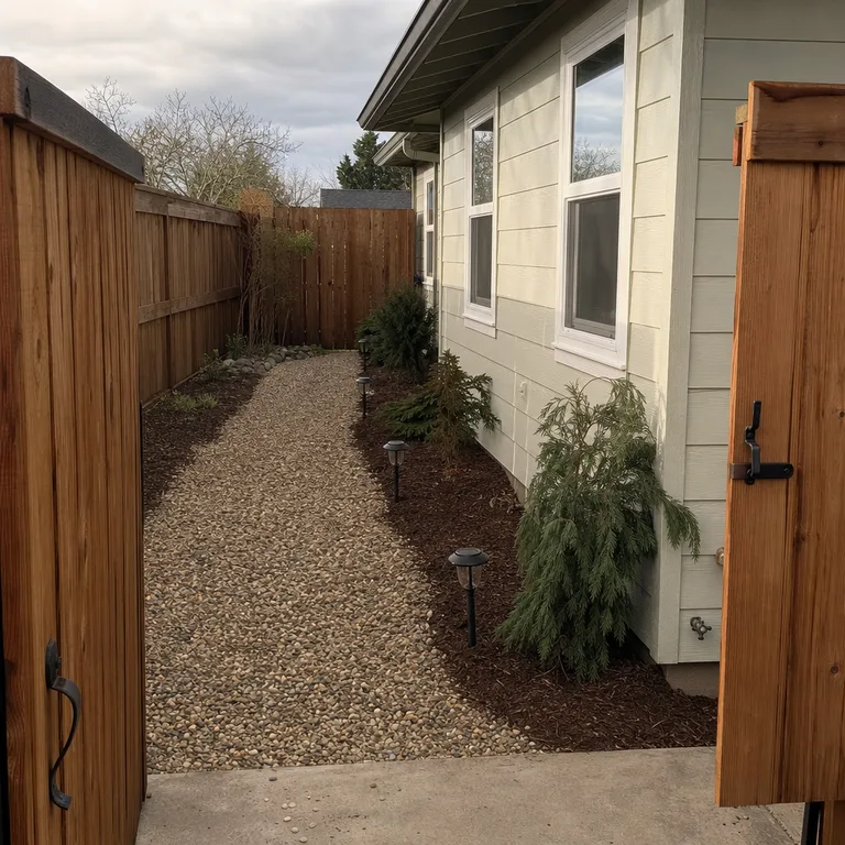 Low solar stake lights mark one edge of a short gravel path beside a small patio.