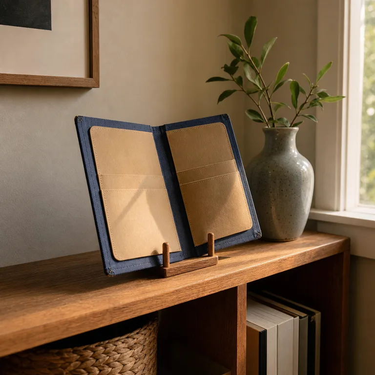 An open book-style Advent calendar with shallow pockets stands on a living-room shelf.