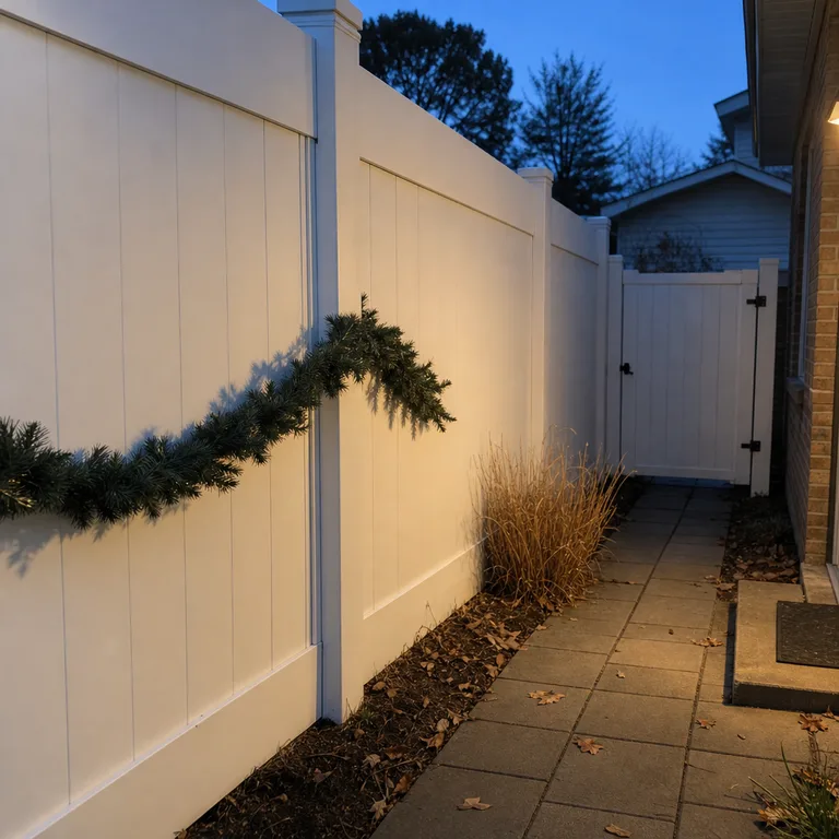 A short artificial evergreen garland on a fixed white fence panel, ending before the nearby gate.