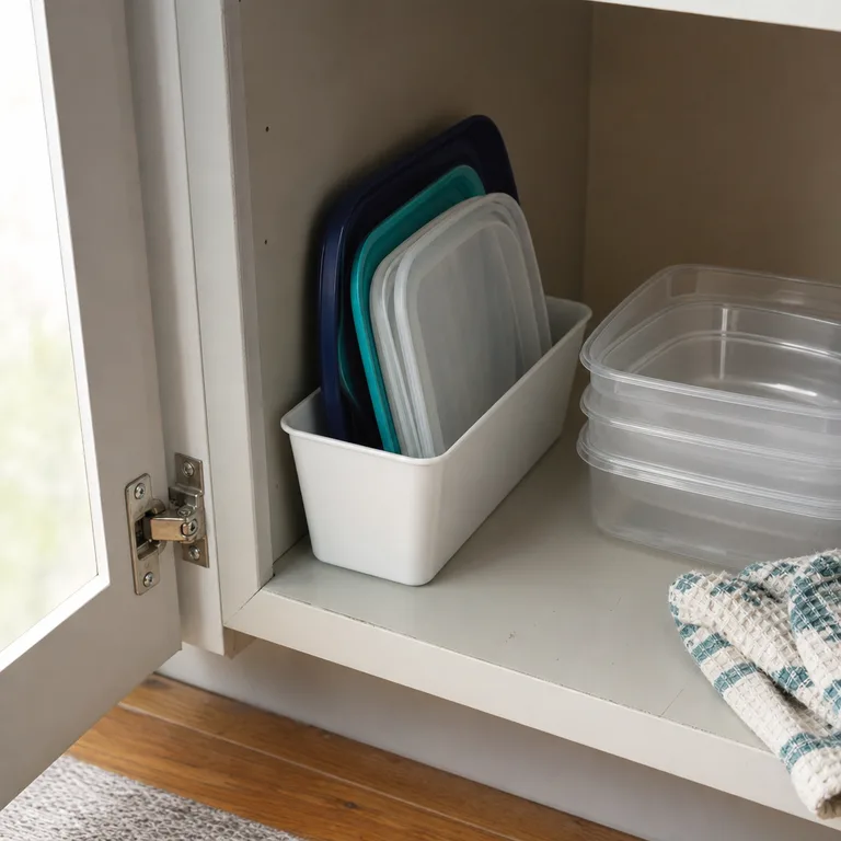 Upright food container lids sorted in a narrow bin beside nested containers in a lower cabinet.