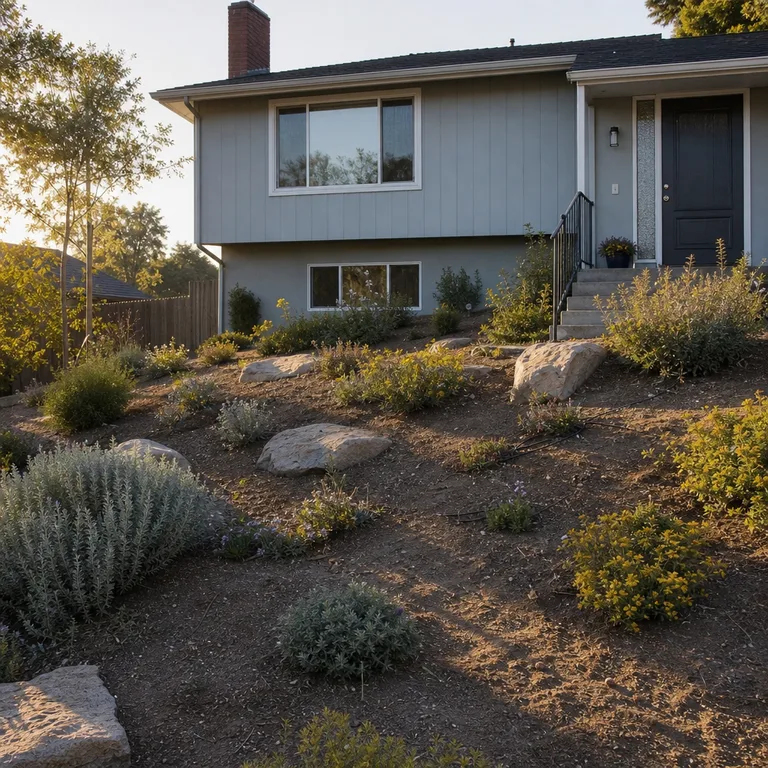 Low drought-tolerant plants stabilize a sunny backyard slope formerly covered in lawn.