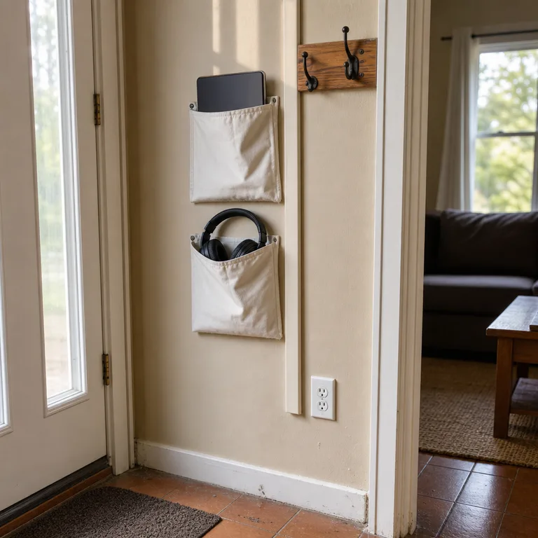 Canvas wall pockets by a living room entry hold devices near an organized charging lead.