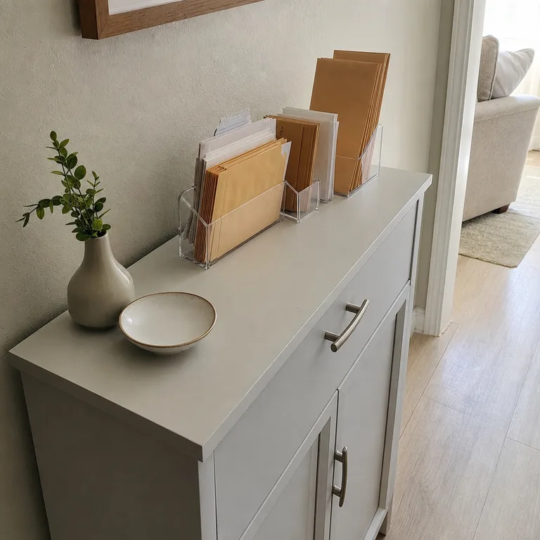 Three small letter organizers divide unopened mail, action papers, and filing on an entry cabinet.