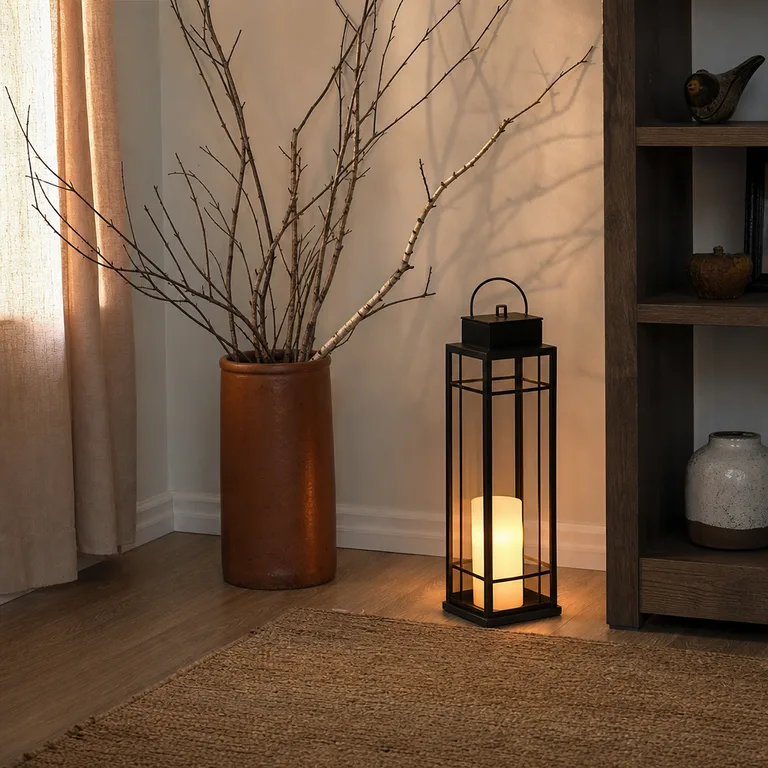 A black floor lantern, terracotta crock with bare birch branches, and unbreakable ornaments fill a living-room corner.