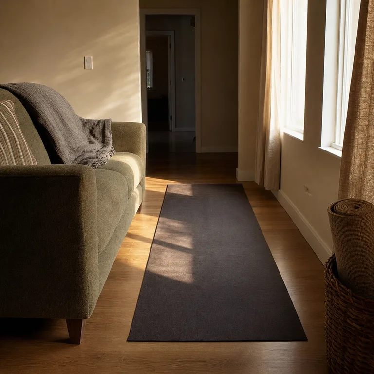 An exercise mat laid in the wide aisle between a sofa and window while the doorway remains clear.