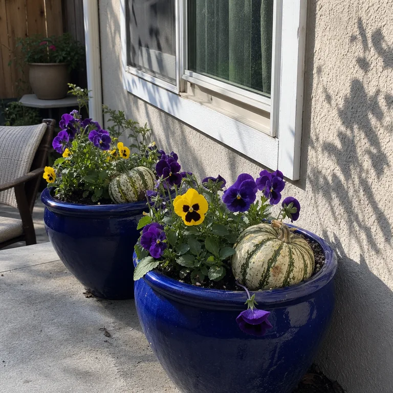 Cobalt glazed pots planted with pansies and topped with small mixed gourds.