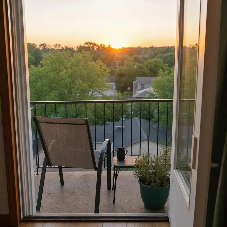 A single chair facing the view creates a calm coffee spot on an apartment balcony.