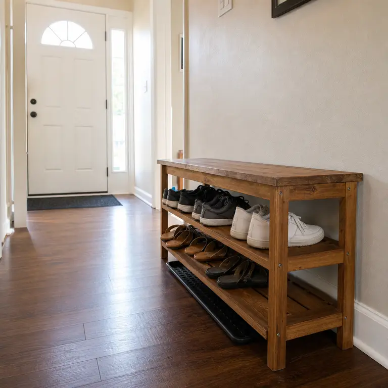 Low wooden shoe bench with a shelf and boot tray in a small family entryway.