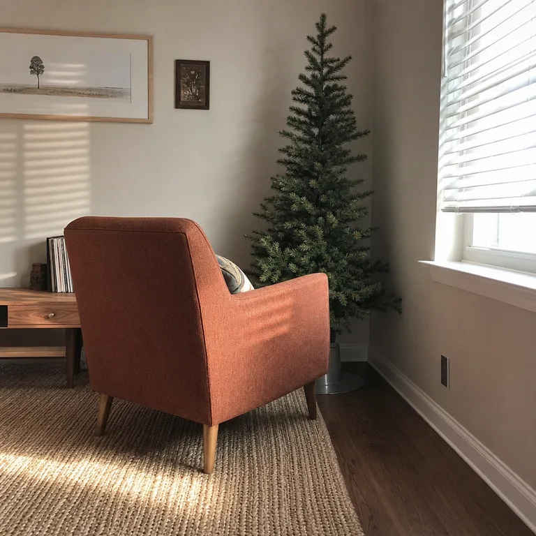 A narrow Christmas tree sits behind an accent chair in an unused living-room corner.