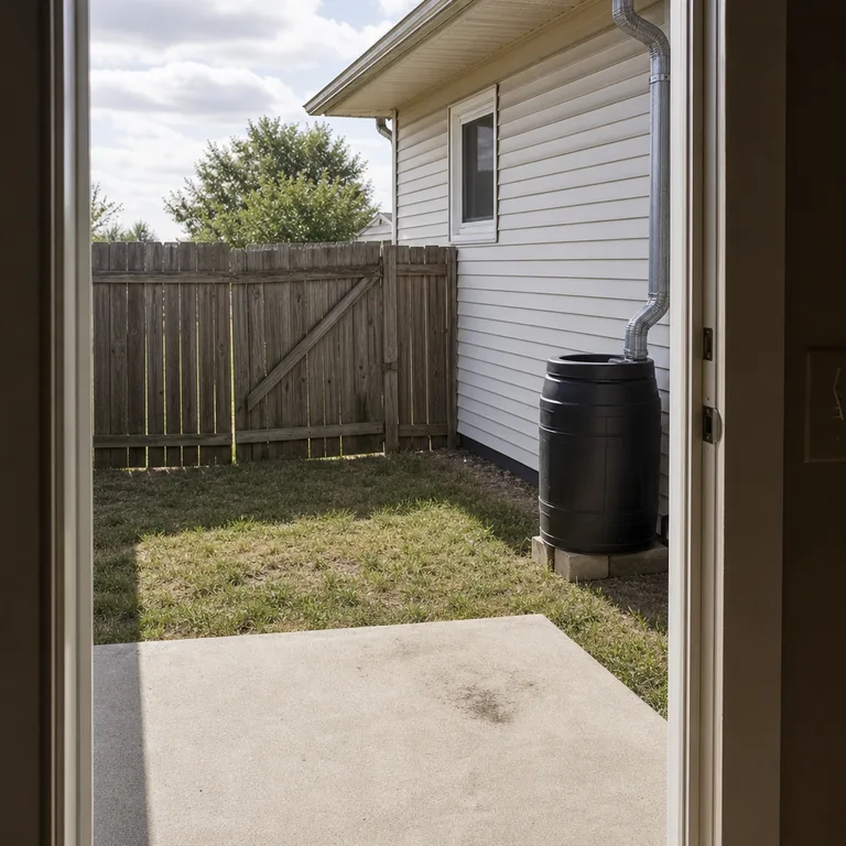 Small fenced backyard showing a house downspout beside a patio and gate, where drainage boundaries need consideration.