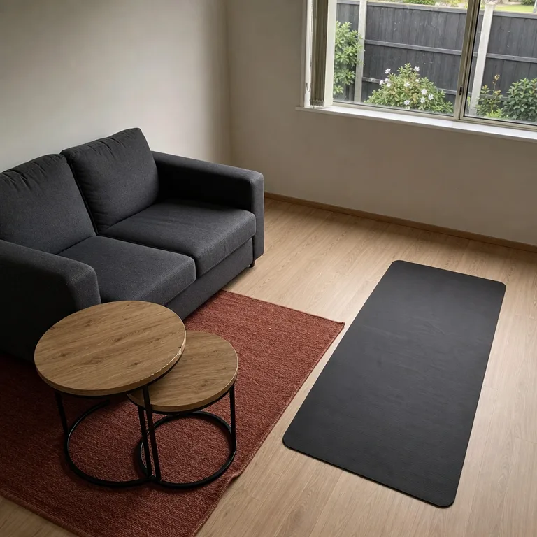 Nesting tables stacked beside a sofa to open a mat-sized floor area in a narrow living room.