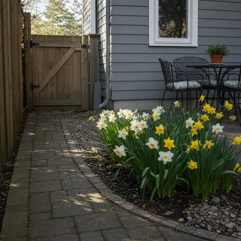 A compact patch of white and yellow daffodils marks a turn in a backyard paver path.
